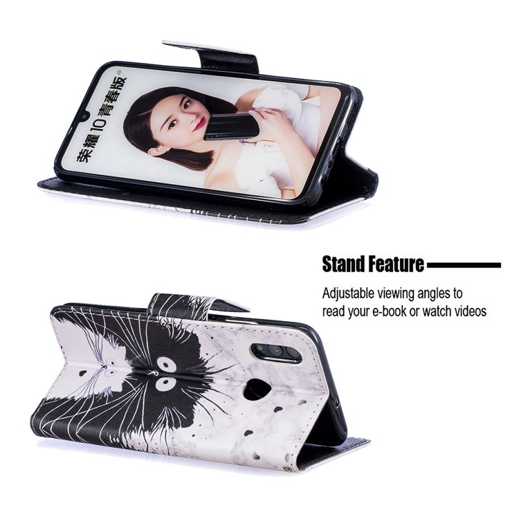 Housse De Protection Pour Support En Cuir À Motif Avec Sangle Pour Huawei Honor 10 Lite / P Smart (2019) - Chat Noir Et Blanc-5