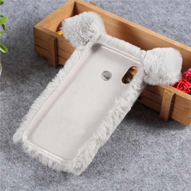 Cute 3D Pig Fluffy Fur Coated Rhinestone TPU Gel Cover for Huawei P30 Lite / nova 4e - Light Grey-5