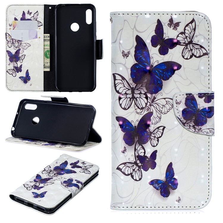 Custodia A Portafoglio In Pelle Stampa Motivi Decorativi Per Huawei Y6 (2019, Con Sensore Di Impronte Digitali) / Y6 Prime (2019) - Bella Farfalla-1
