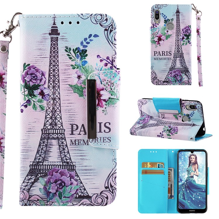 Pattern Printing Cross Texture Leather Wallet Case for Huawei Y6 (2019) - Eiffel Tower-1