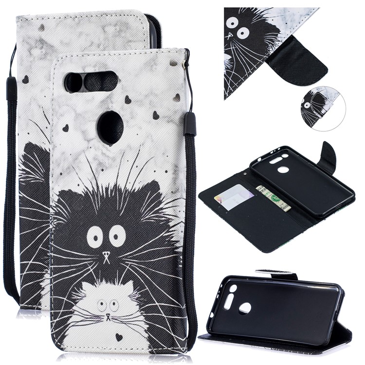 Patterned PU Leather Wallet Shell with Lanyard for Huawei Honor View 20/V20 - Black and White Cats-1