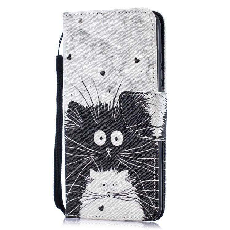 Patterned PU Leather Wallet Shell with Lanyard for Huawei Honor View 20/V20 - Black and White Cats-2