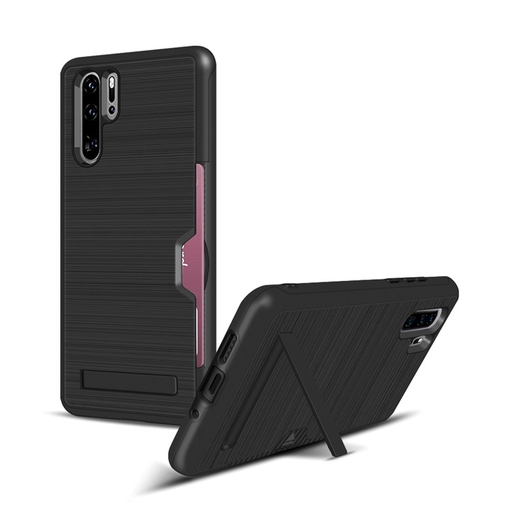 

For Huawei P30 Pro Brushed Plastic + TPU Protective Shell with Card Holder and Kickstand - Black, Huawei P30 Pro