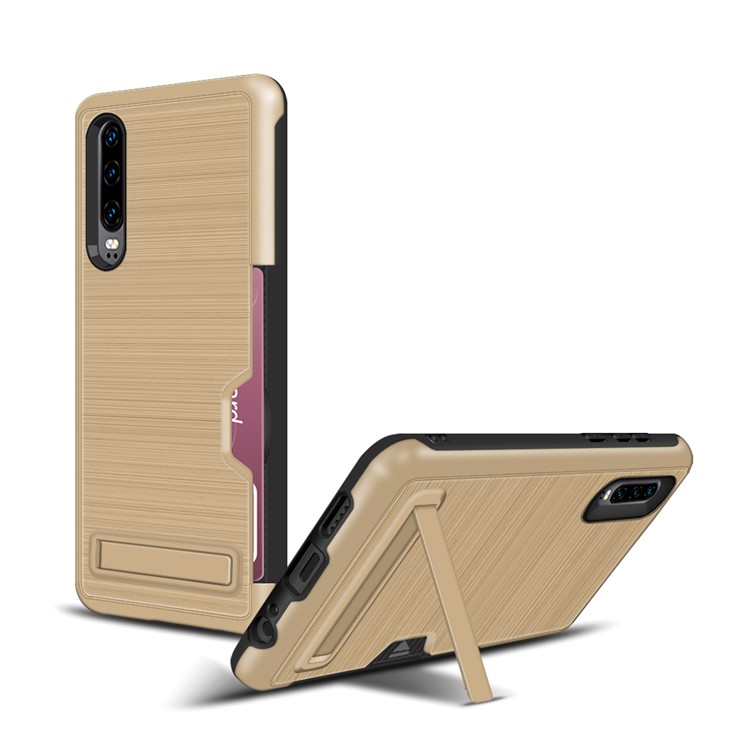 Para Huawei P30, Funda Móvil De TPU + Plástico Con Soporte De Tarjeta Y Pie De Apoyo - Oro-1
