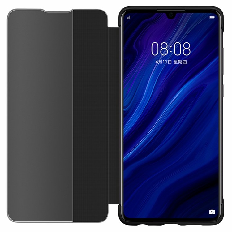 For Huawei P30 View Window Auto Wake up/Sleep Litchi Skin Textured Leather Case - Black-5