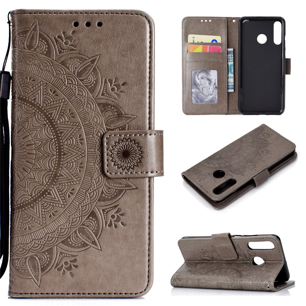 Imprint Flower Leather Wallet Case for Huawei P30 Lite - Grey-1