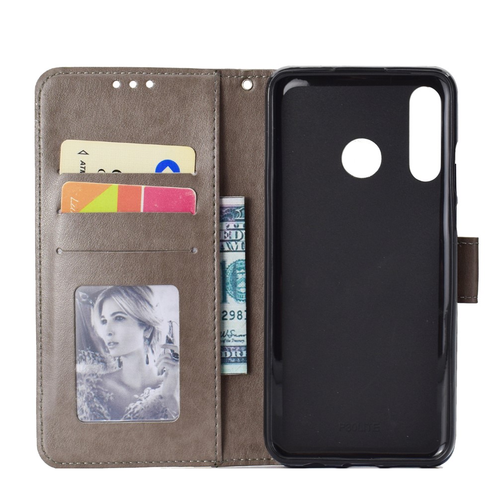 Imprint Flower Leather Wallet Case for Huawei P30 Lite - Grey-4