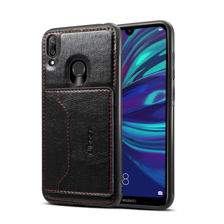 Crazy Horse Texture Leather Coated TPU Card Holder Kickstand Phone Case for Huawei Y7 Prime (2019) - Black-1