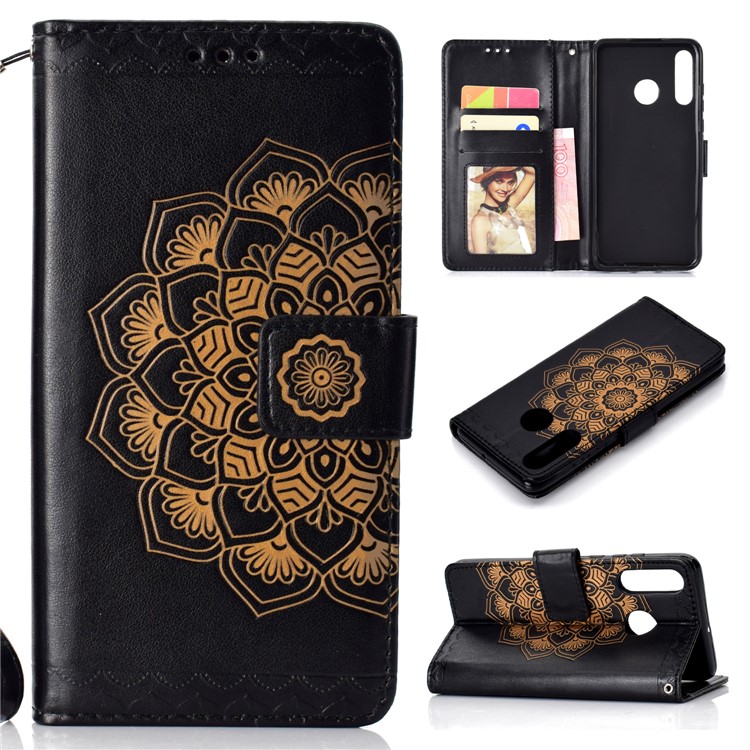 Imprinted Mandala Pattern Leather Wallet Cover with Strap for Huawei P30 Lite/nova 4e - Black-1