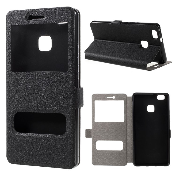 Dual Window Leather Stand Case for Huawei P9 Lite - Black-1
