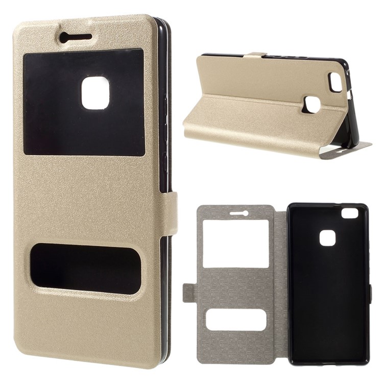 Dual Window Leather Stand Flip Case for Huawei P9 Lite - Gold-1