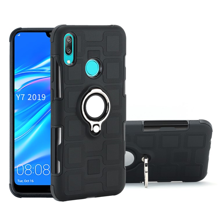 Geometric Pattern TPU PC Hybrid Case with Magnetic Car Mount Ring Holder for Huawei Y7 (2019) - Black-1