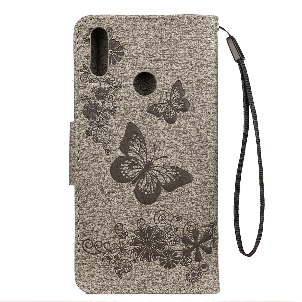 Imprint Butterfly Flower Leather Wallet Case for Huawei Y6 (2019) - Grey-2