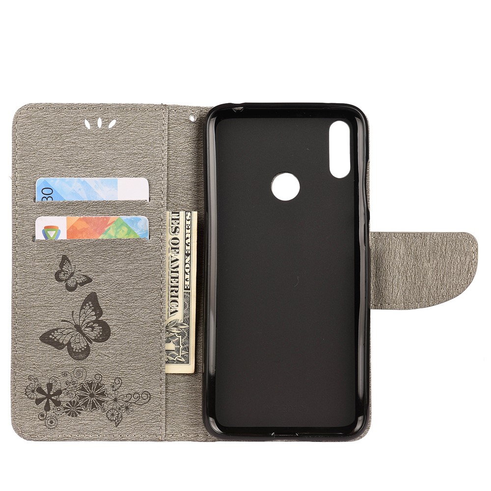 Imprint Butterfly Flower Leather Wallet Case for Huawei Y6 (2019) - Grey-3