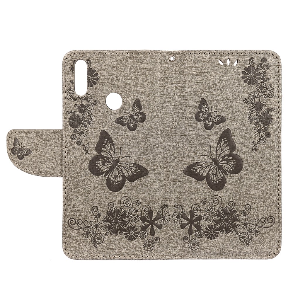 Imprint Butterfly Flower Leather Wallet Case for Huawei Y6 (2019) - Grey-4