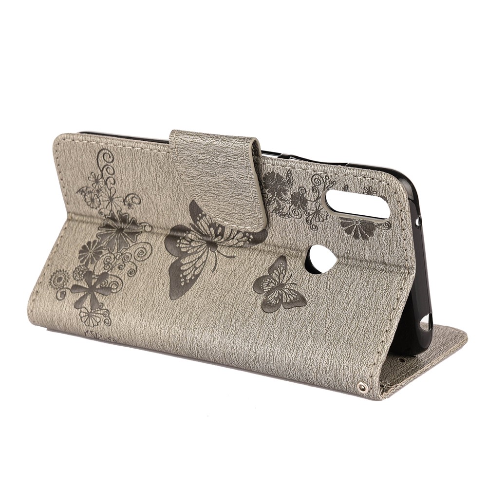 Imprint Butterfly Flower Leather Wallet Case for Huawei Y6 (2019) - Grey-5