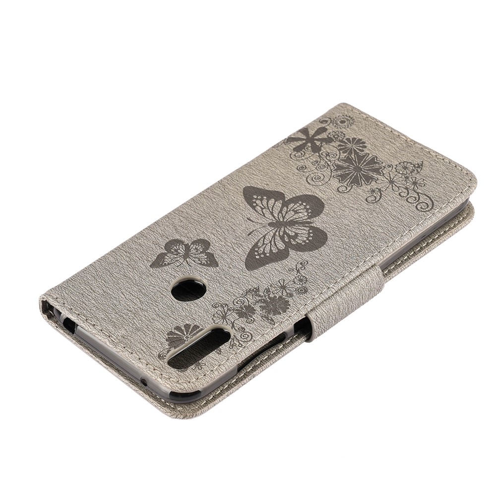 Imprint Butterfly Flower Leather Wallet Case for Huawei Y6 (2019) - Grey-6