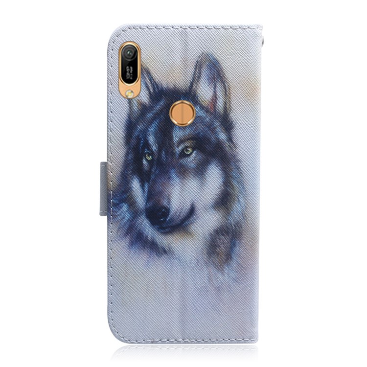 Pattern Printing PU Leather Folio Flip Case Cover for Huawei Y6 (2019) - Black and White Wolf-3