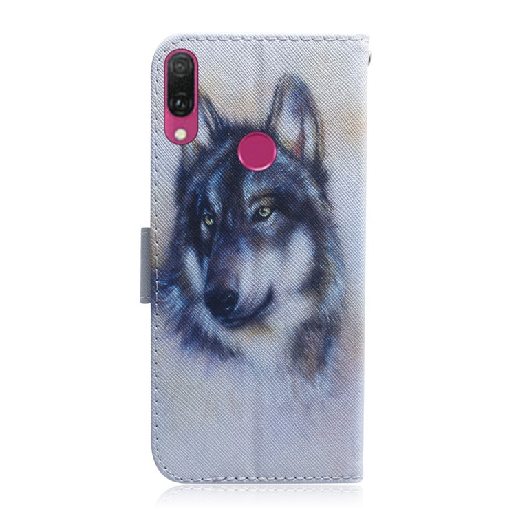 Light Spot Decor Patterned Leather Wallet Case for Huawei Y9 (2019) / Enjoy 9 Plus - Black and White Wolf-3