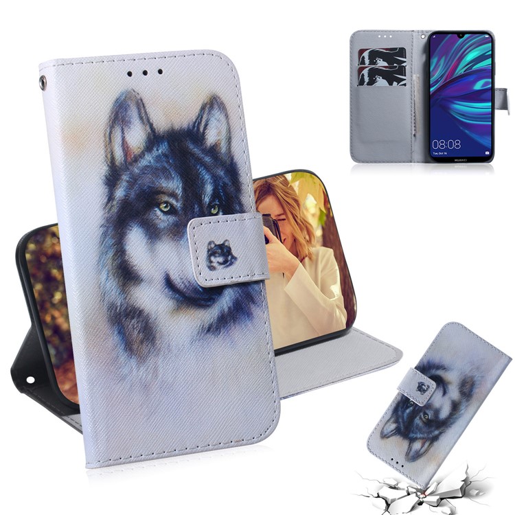 Pattern Printing PU Leather Mobile Phone Case with Wallet for Huawei Y7 Prime (2019) - Black and White Wolf-1