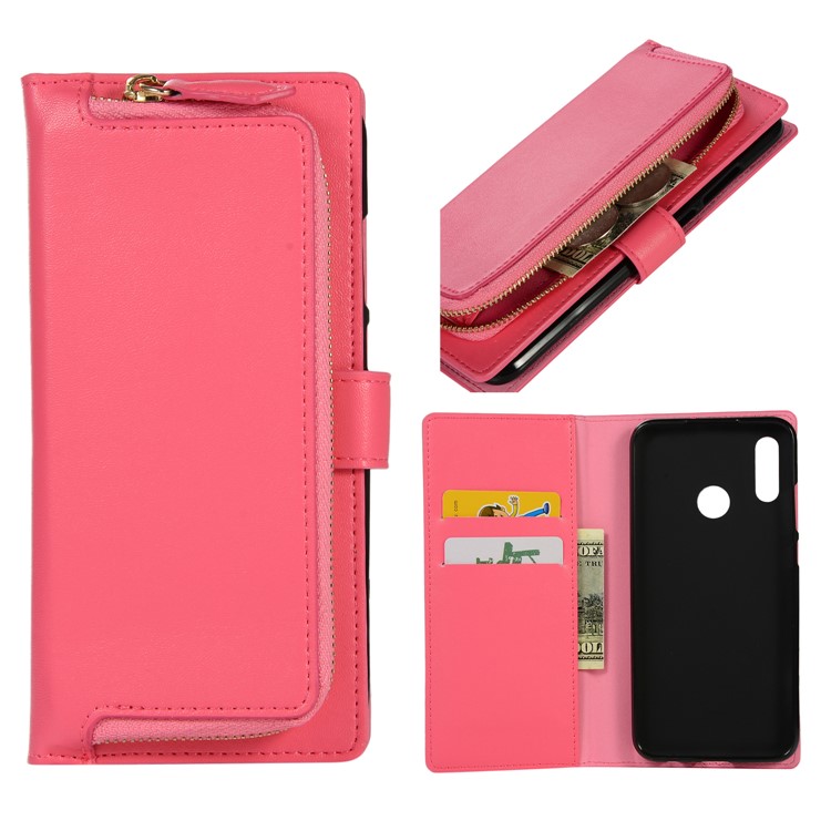 Wallet Zippered Genuine Leather Protector Case for Huawei Honor 10 Lite - Rose-1