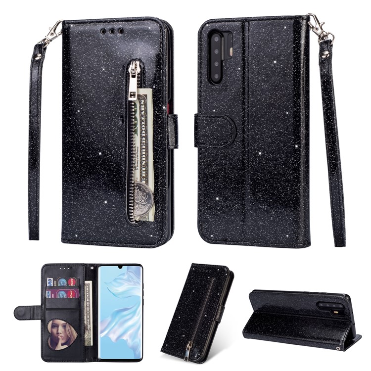 Glitter Powder Zippered Stand Leather Wallet Case with Strap for Huawei P30 Pro - Black-1