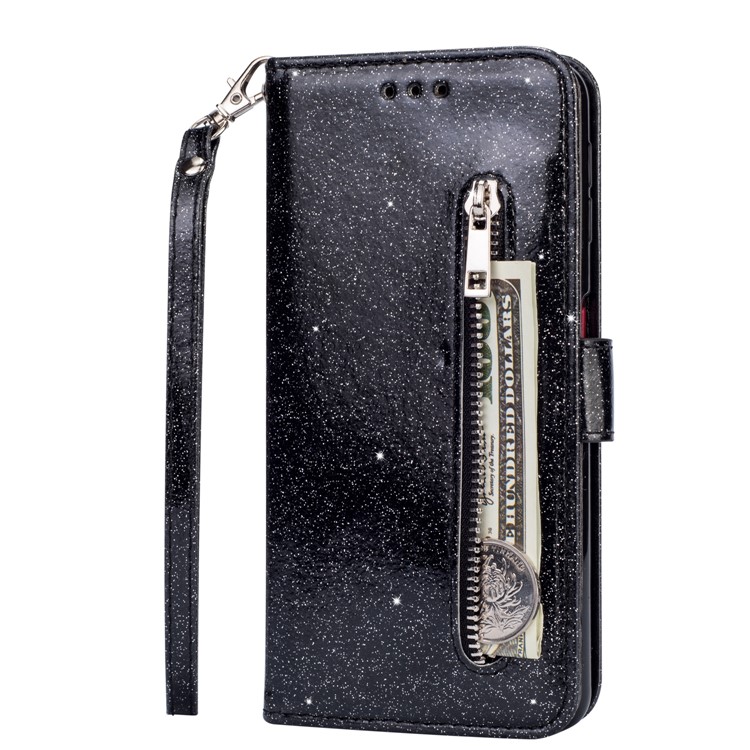 Glitter Powder Zippered Stand Leather Wallet Case with Strap for Huawei P30 Pro - Black-3