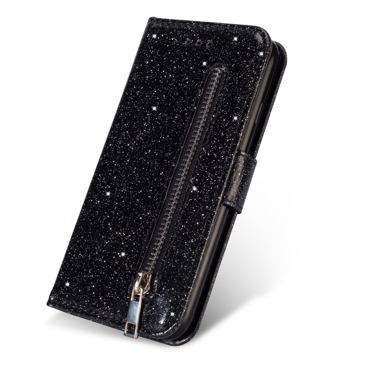 Glitter Powder Zippered Stand Leather Wallet Case with Strap for Huawei P30 Pro - Black-7