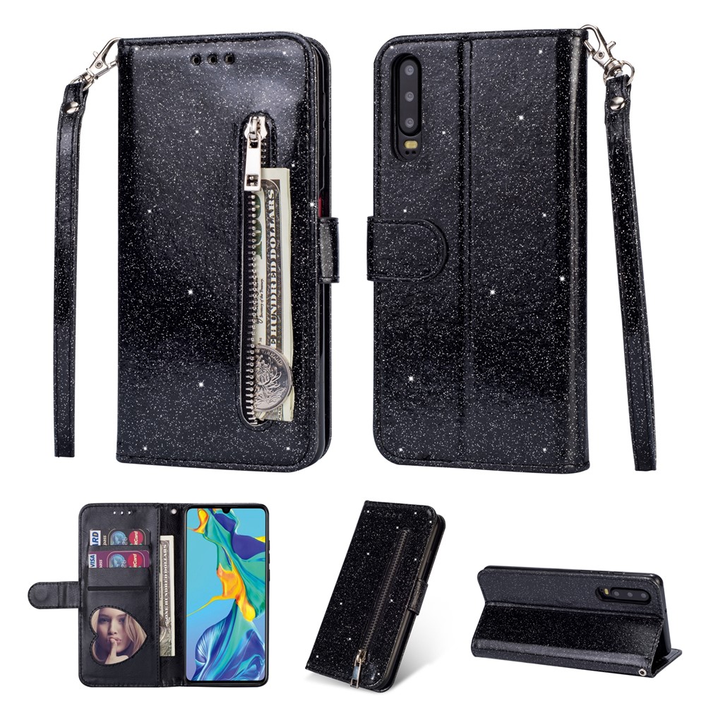 Glitter Powder Zippered Stand Leather Wallet Case with Strap for Huawei P30 - Black-1