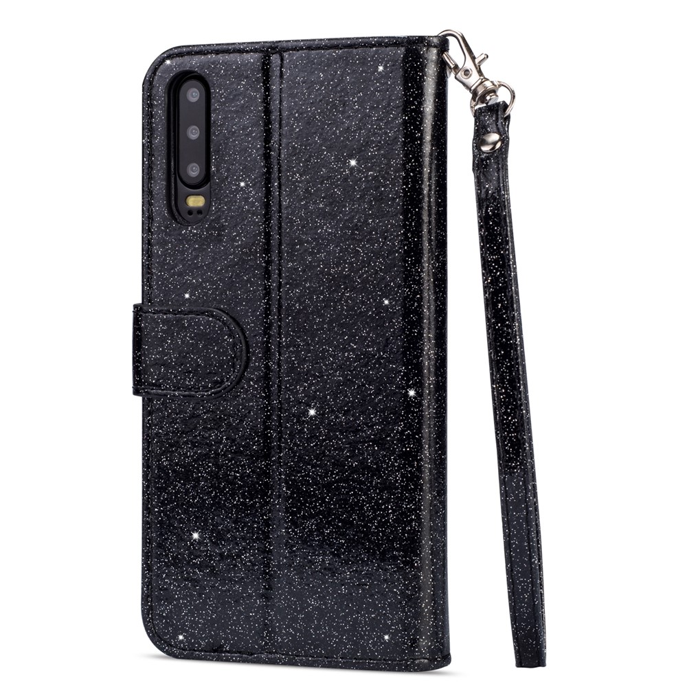 Glitter Powder Zippered Stand Leather Wallet Case with Strap for Huawei P30 - Black-3