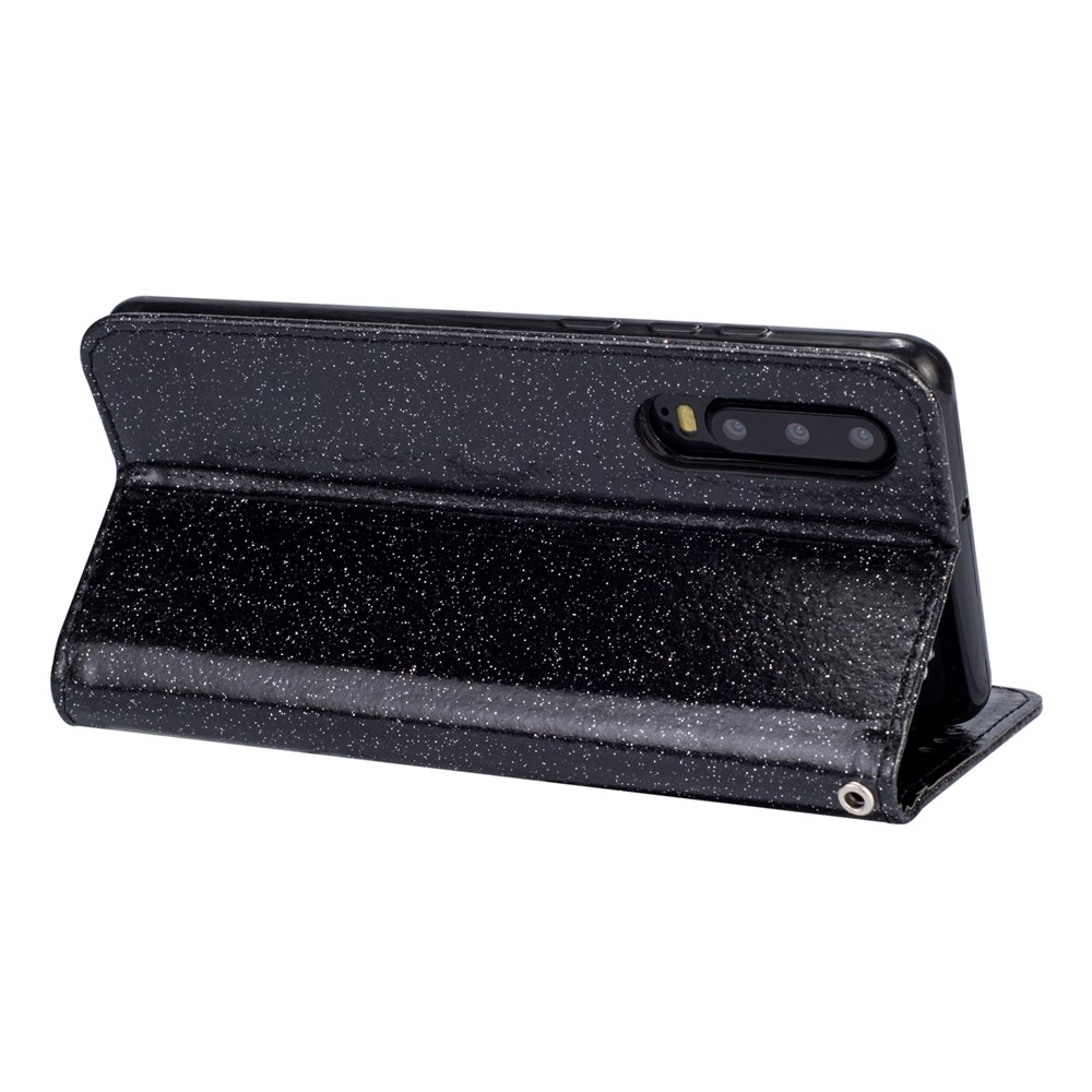 Glitter Powder Zippered Stand Leather Wallet Case with Strap for Huawei P30 - Black-5