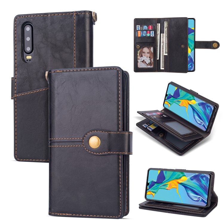 Retro Metal Buckle Wallet Stand Leather Case with Multi Card Slots for Huawei P30 - Black-1