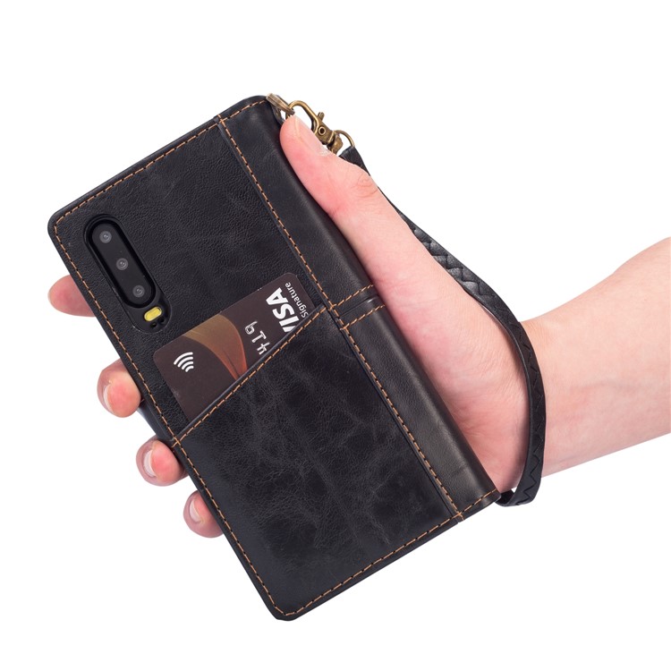 Retro Metal Buckle Wallet Stand Leather Case with Multi Card Slots for Huawei P30 - Black-10
