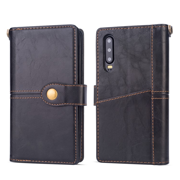 Retro Metal Buckle Wallet Stand Leather Case with Multi Card Slots for Huawei P30 - Black-2