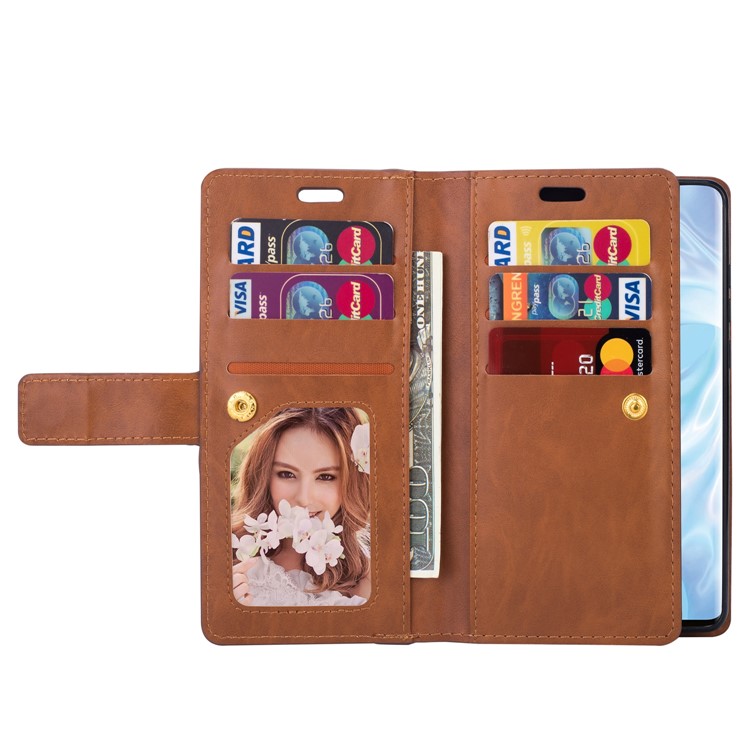 Multi-slot Wallet Zippered Leather Phone Case for Huawei P30 Pro - Brown-4