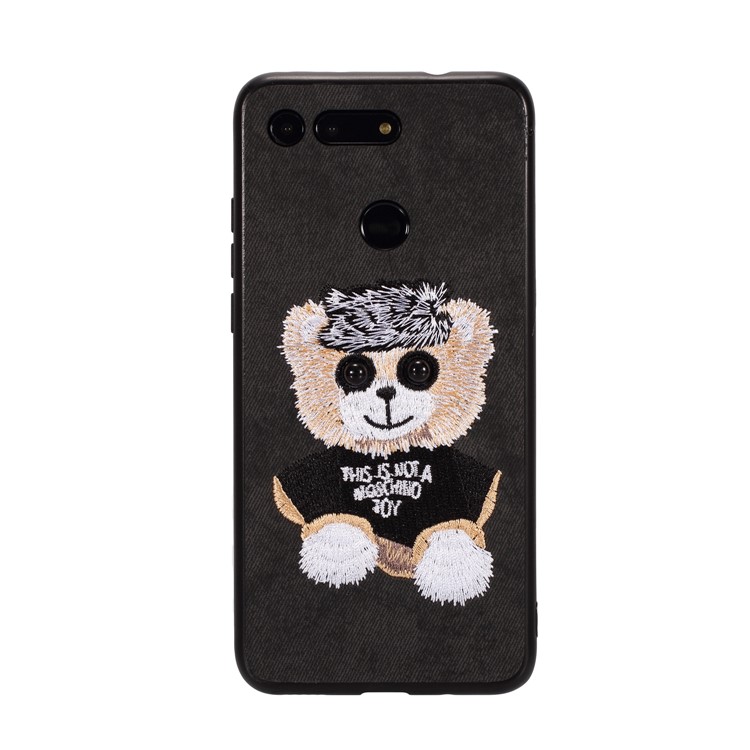 Embroidery Pattern PU Leather Coated TPU Protection Phone Shell for Huawei Honor View 20 / V20 (China) - Black / Bear Pattern-1