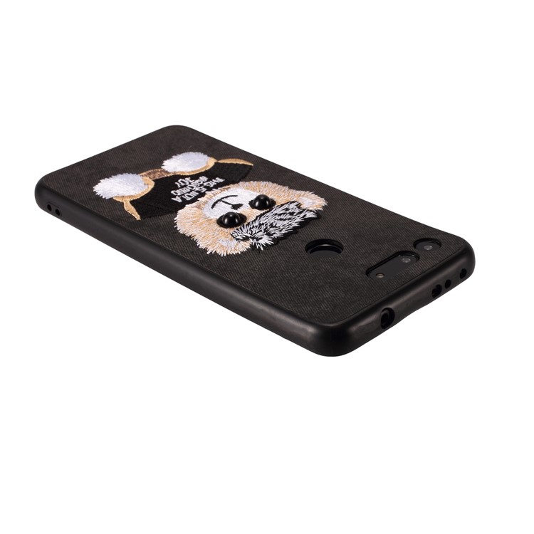 Embroidery Pattern PU Leather Coated TPU Protection Phone Shell for Huawei Honor View 20 / V20 (China) - Black / Bear Pattern-2