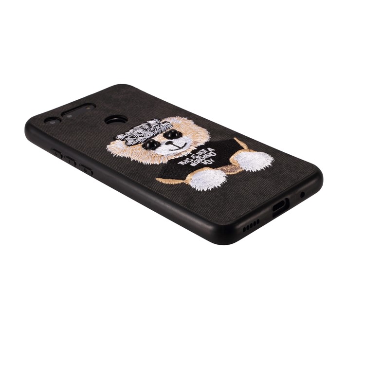Embroidery Pattern PU Leather Coated TPU Protection Phone Shell for Huawei Honor View 20 / V20 (China) - Black / Bear Pattern-3