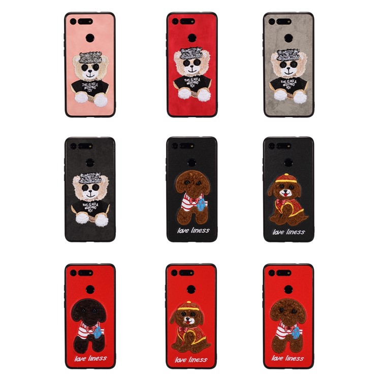Embroidery Pattern PU Leather Coated TPU Protection Phone Shell for Huawei Honor View 20 / V20 (China) - Black / Bear Pattern-6