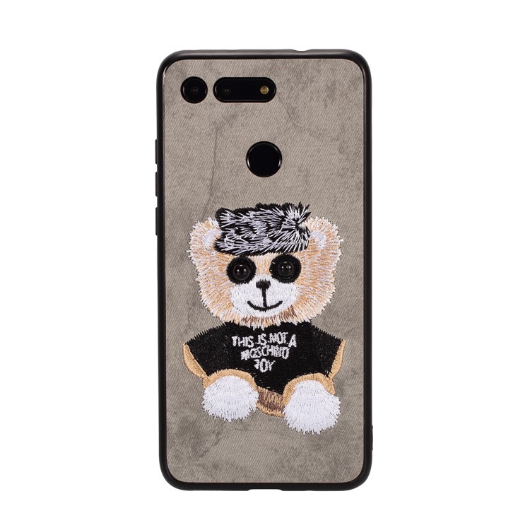 Embroidery Pattern PU Leather Coated TPU Protection Phone Shell for Huawei Honor View 20 / V20 (China) - Grey / Bear Pattern-1