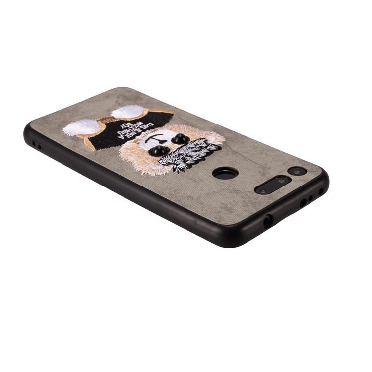 Embroidery Pattern PU Leather Coated TPU Protection Phone Shell for Huawei Honor View 20 / V20 (China) - Grey / Bear Pattern-2