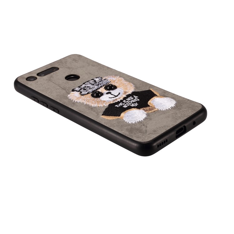 Embroidery Pattern PU Leather Coated TPU Protection Phone Shell for Huawei Honor View 20 / V20 (China) - Grey / Bear Pattern-3