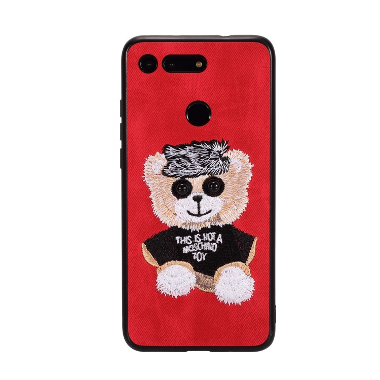 Embroidery Pattern PU Leather Coated TPU Protection Phone Shell for Huawei Honor View 20 / V20 (China) - Red / Bear Pattern-1