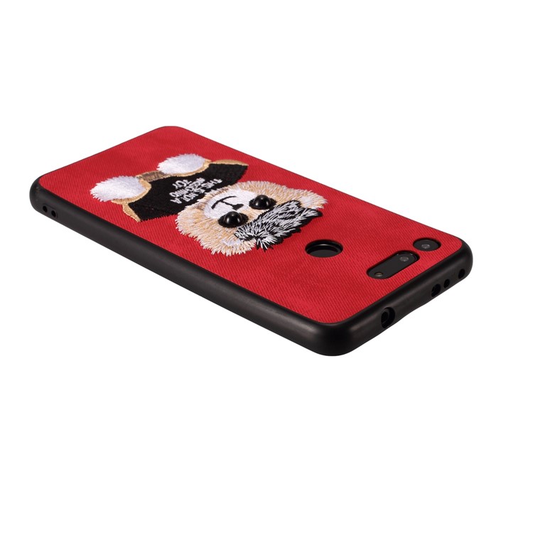 Embroidery Pattern PU Leather Coated TPU Protection Phone Shell for Huawei Honor View 20 / V20 (China) - Red / Bear Pattern-2