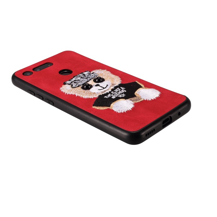 Embroidery Pattern PU Leather Coated TPU Protection Phone Shell for Huawei Honor View 20 / V20 (China) - Red / Bear Pattern-3