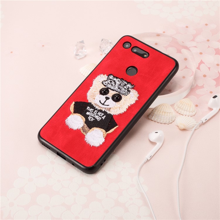 Embroidery Pattern PU Leather Coated TPU Protection Phone Shell for Huawei Honor View 20 / V20 (China) - Red / Bear Pattern-4