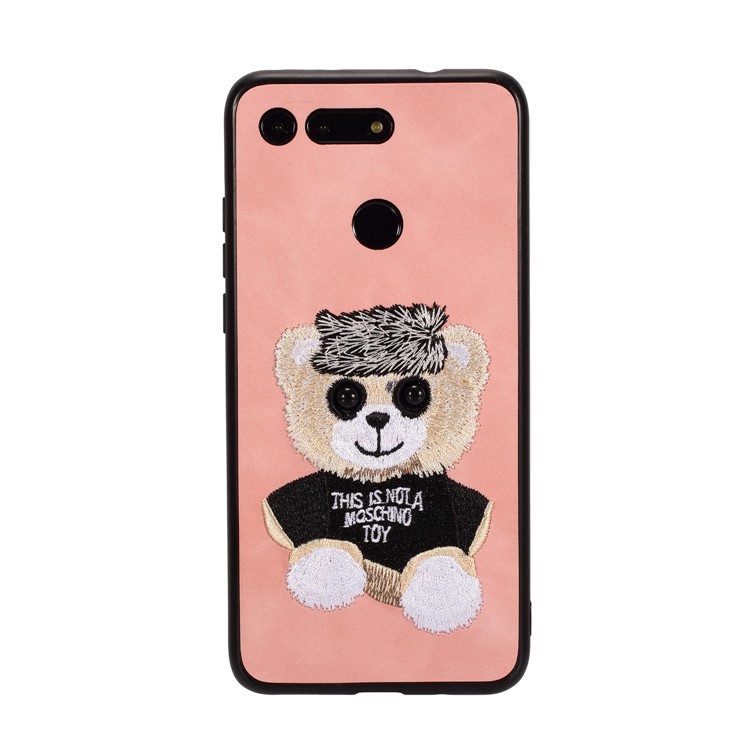 Embroidery Pattern PU Leather Coated TPU Protection Phone Shell for Huawei Honor View 20 / V20 (China) - Pink / Bear Pattern-1