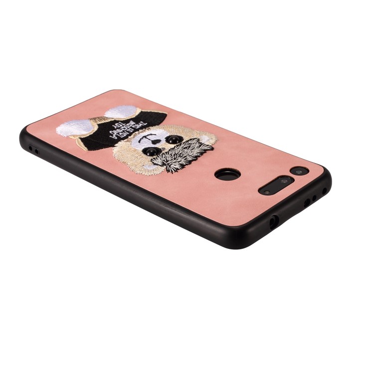 Embroidery Pattern PU Leather Coated TPU Protection Phone Shell for Huawei Honor View 20 / V20 (China) - Pink / Bear Pattern-2