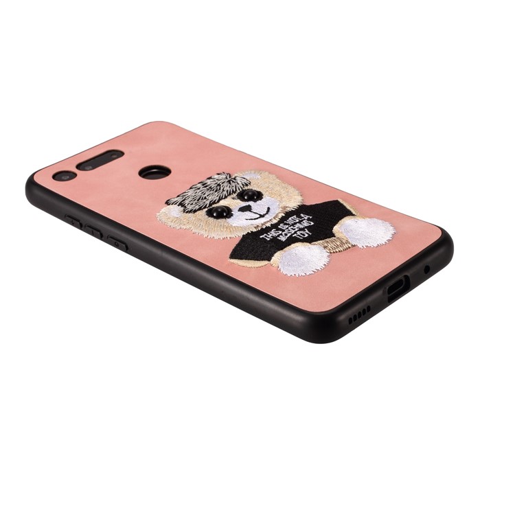 Embroidery Pattern PU Leather Coated TPU Protection Phone Shell for Huawei Honor View 20 / V20 (China) - Pink / Bear Pattern-3