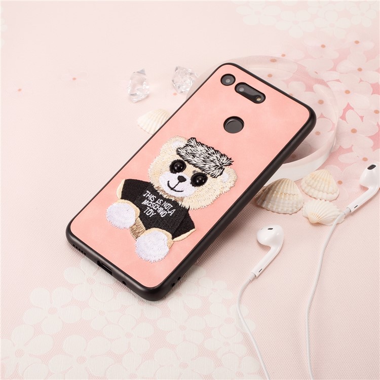 Embroidery Pattern PU Leather Coated TPU Protection Phone Shell for Huawei Honor View 20 / V20 (China) - Pink / Bear Pattern-4